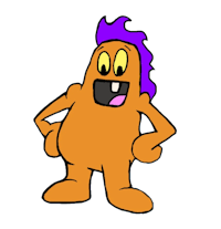 an orange cartoon character with purple hair